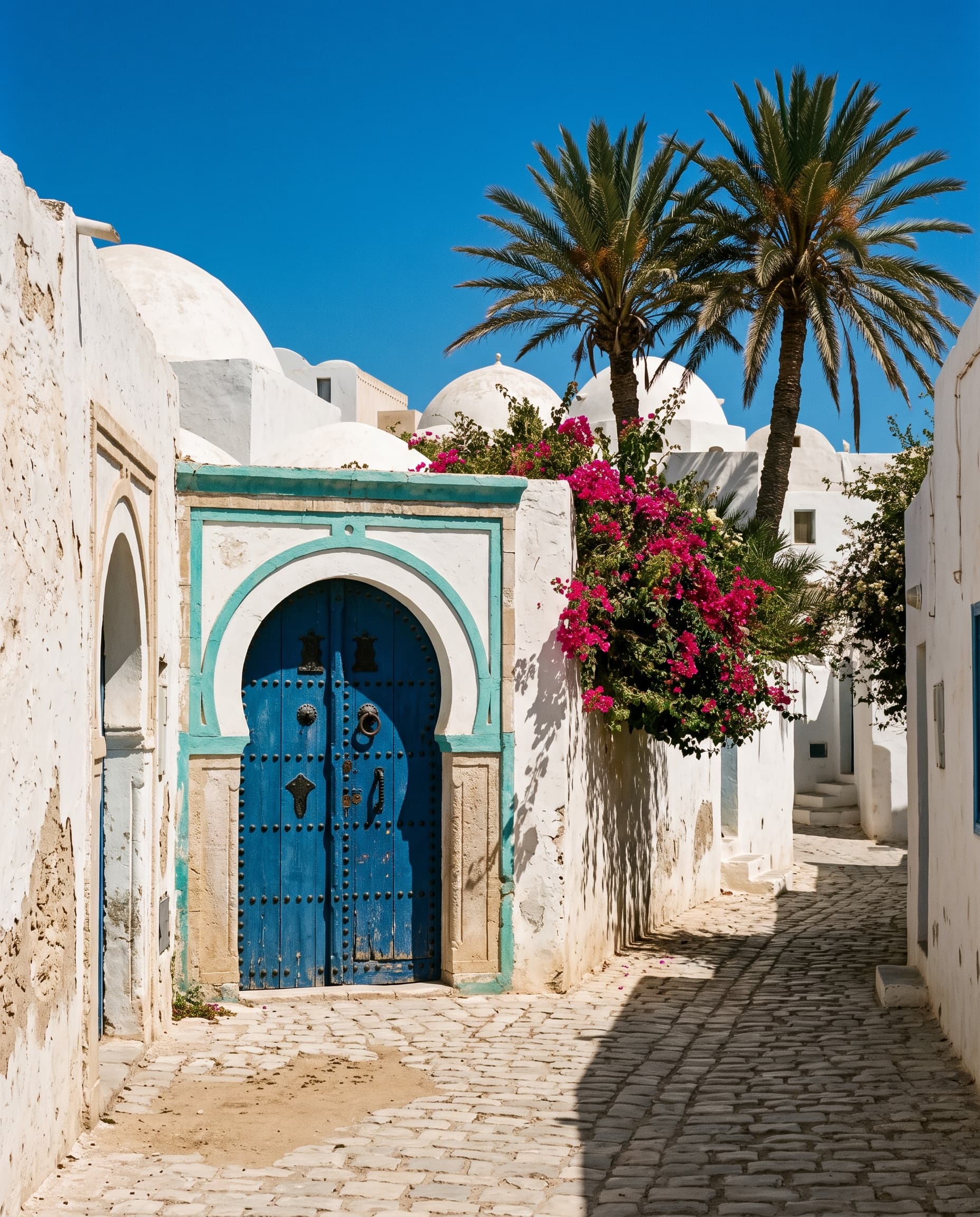 Gasse in Houmt Souk auf Djerba mit weißen Kuppelhäusern, Palmen und blauer Tür