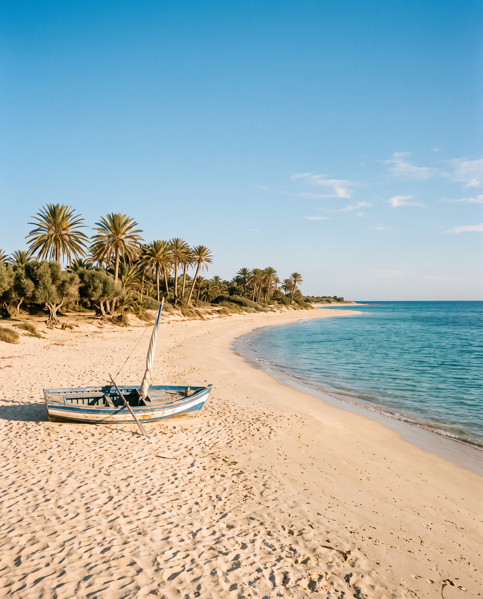 Sandstrand in Zarzis mit Palmen, Olivenbäumen und einem Fischerboot