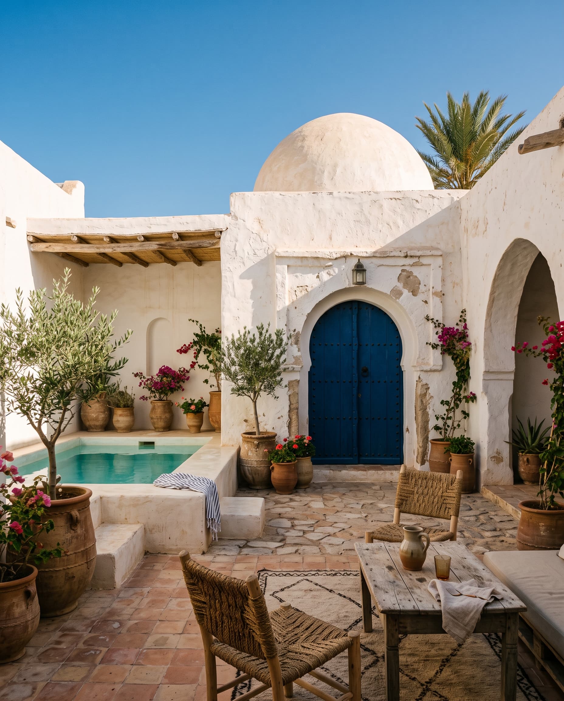 Innenhof eines traditionellen Hauses auf Djerba mit Pool, Olivenbäumen und blauer Tür